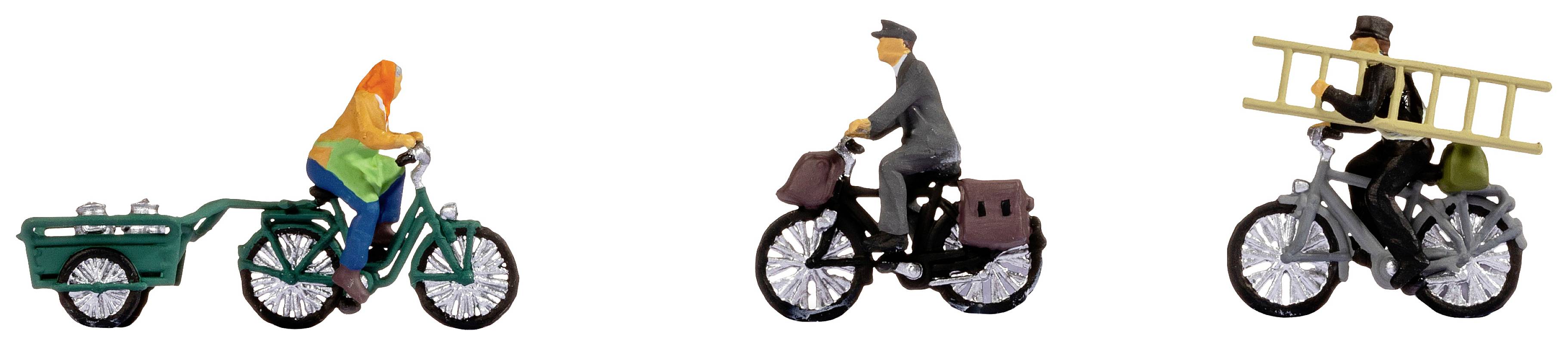 Tre miniaturfigurer på cykler: til venstre med anhænger, i midten med cykeltasker og til højre en figur, der bærer en stige.