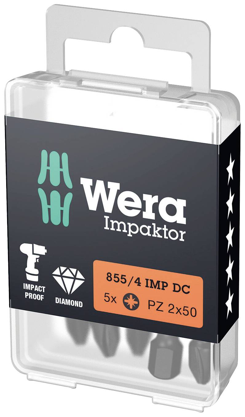 Et sæt Wera Impaktor Bits 855/4 med fem skruehoved, PZ 2x50. Emballagen viser symboler for slagfasthed og diamantbelægning.