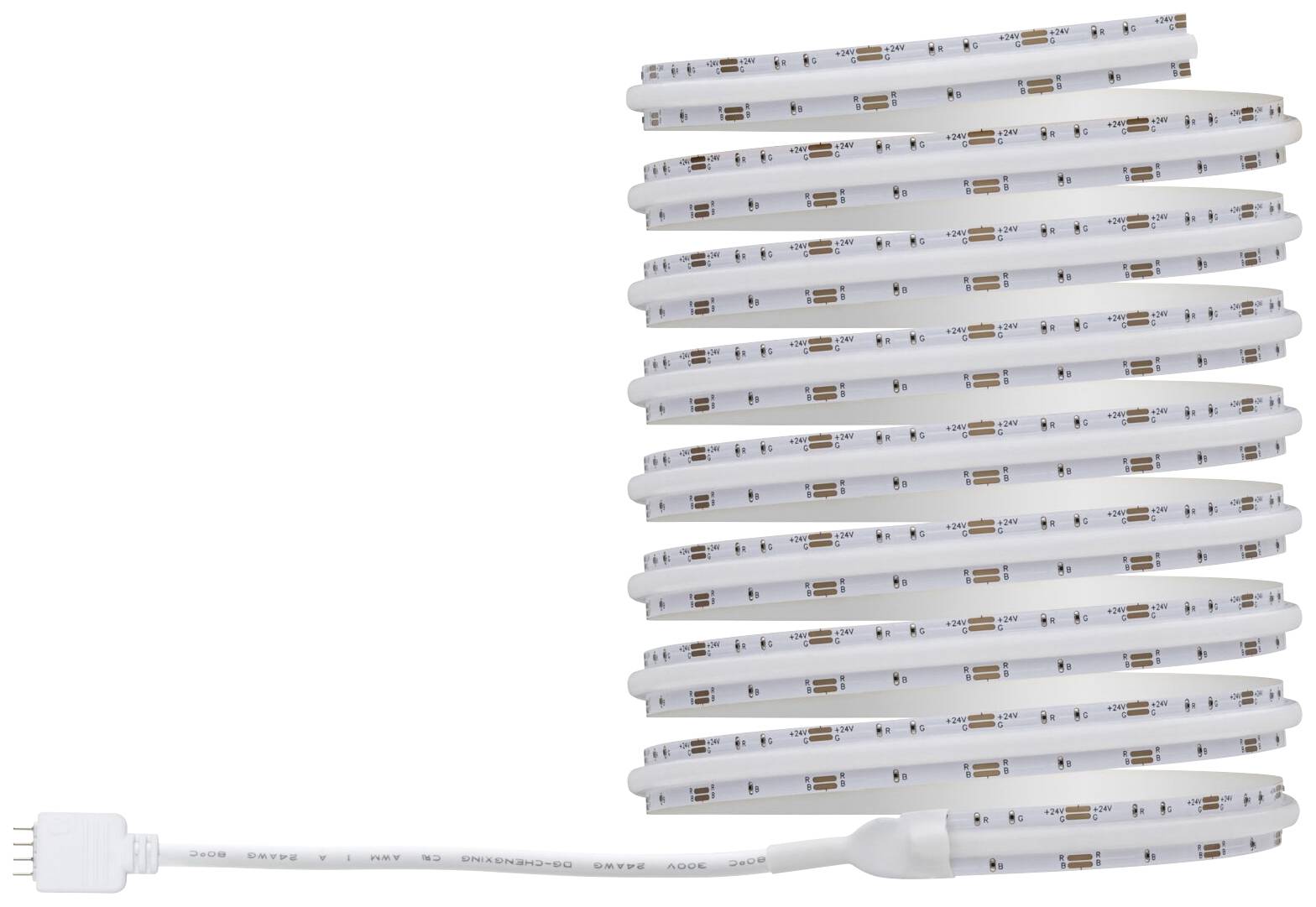 LED-strip med tilslutningskabel, oprullet, viser enkelte LED'er langs strimlen. Egnet til belysningsprojekter.