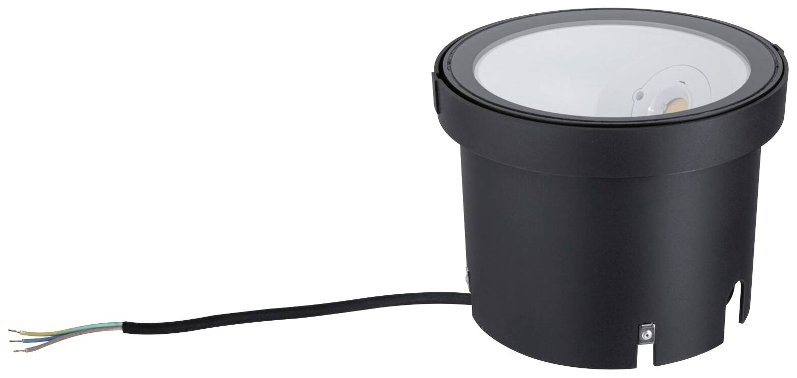 Sort, rund indbygningsspot med kabel og LED-lampe, egnet til udendørs brug.