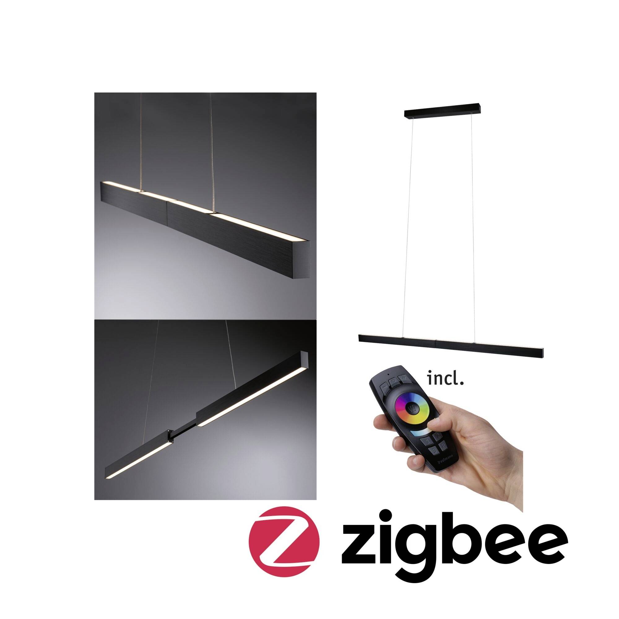 Pendel med moderne design og fjernbetjening til farvestyring. Logo 'Zigbee' nederst til højre.