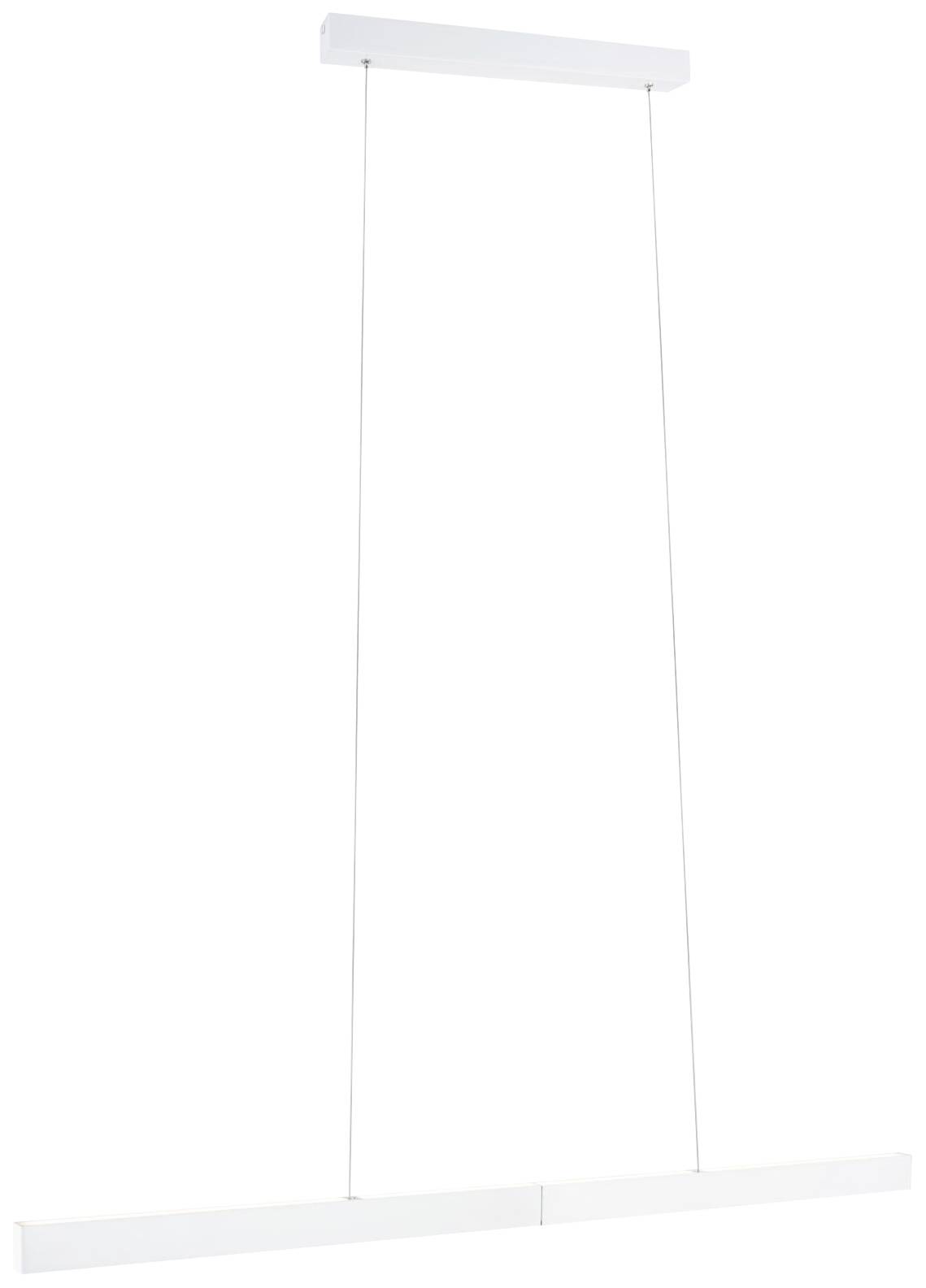 Hvid, minimalistisk pendel med rektangulær baldakin, to tynde kabler og en lang, flad lysbjælke forneden.