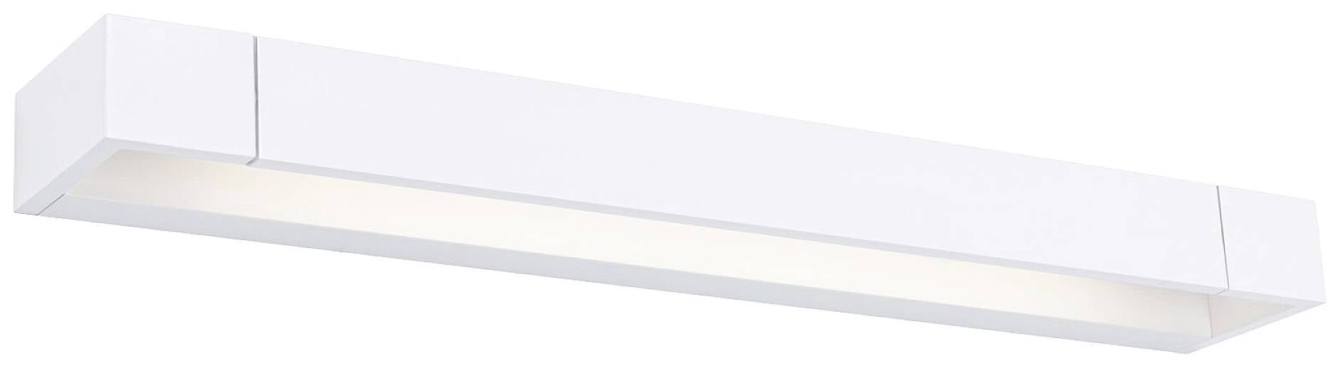 Hvid, rektangulær lampe med diffust lysudtag, velegnet til moderne indendørsrum.