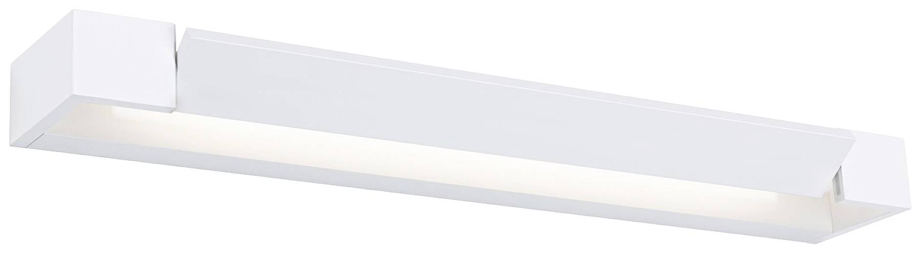 En rektangulær, hvid væglampe med en LED-armatur bruges til indendørs belysning. Ideel til moderne indrettede rum.