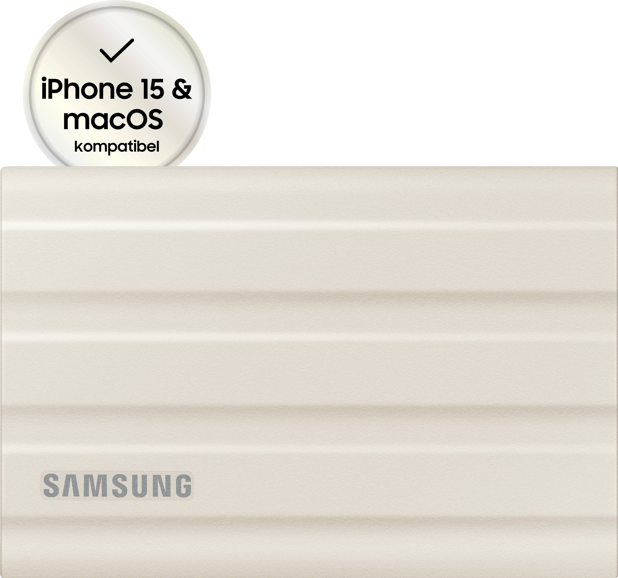 Ekstern Samsung-harddisk, kompatibel med iPhone 15 og macOS, i beige farve, med Samsung-logo.