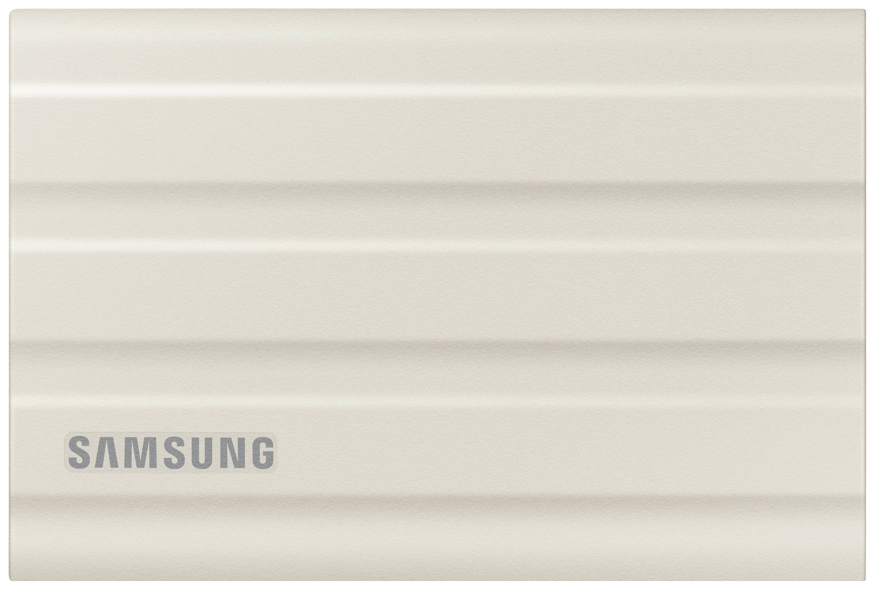 Ekstern harddisk fra Samsung, hvid med mat stribet struktur.