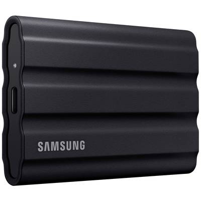 Sort ekstern Samsung-harddisk med USB-C-stik. Kompakt design, riflet overflade, karakteristisk for mærket.