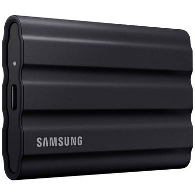 Ekstern SSD-harddisk fra Samsung med riflet, sort kabinet og USB-C-stik på venstre side.