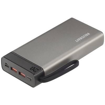 En grå powerbank med to USB-porte og en USB-C-port. På forsiden er fire LED-indikatorer for opladningsstatus synlige.