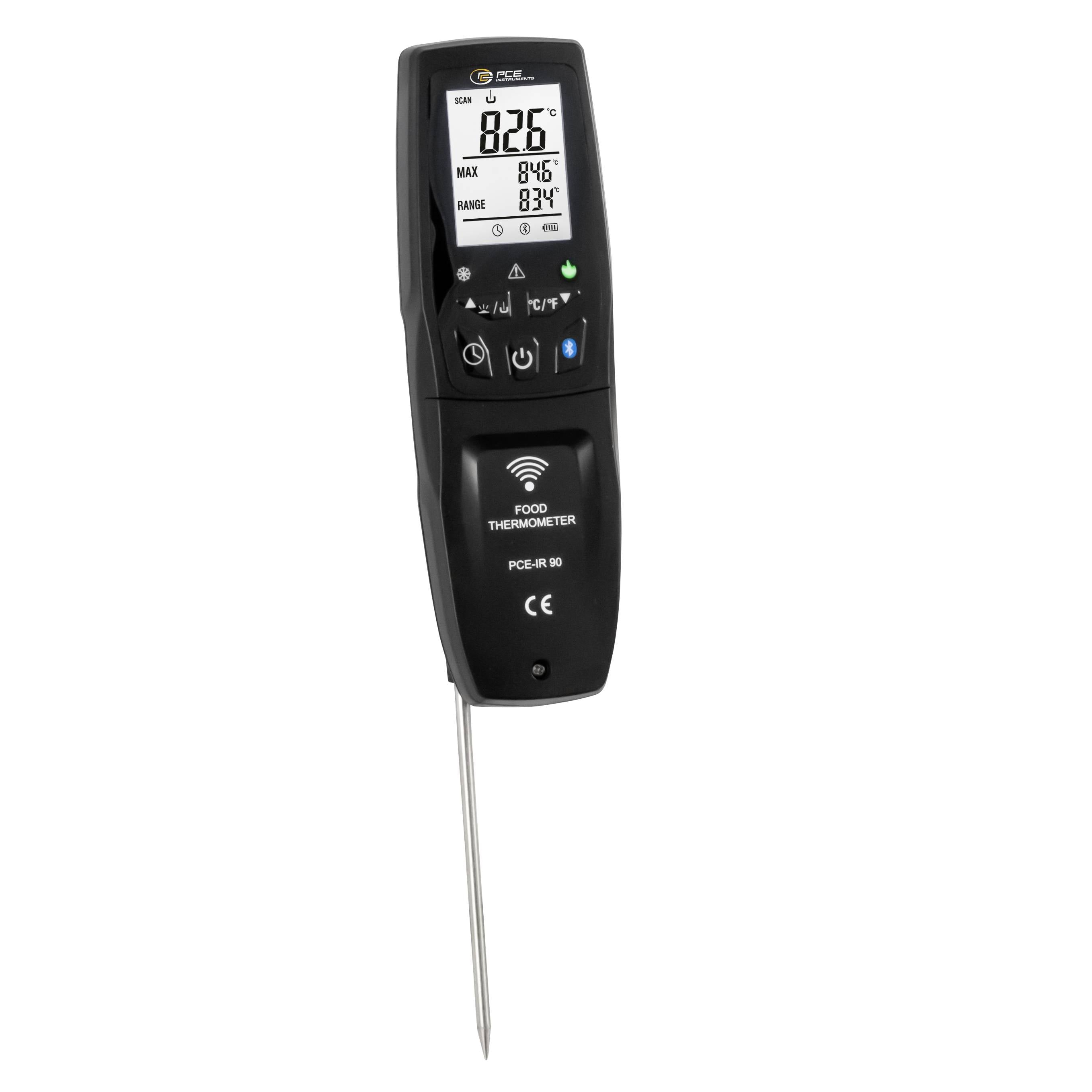 Håndholdt digitalt madtermometer med prøve, der viser en temperaturlæsning på 82,6°C på displayet.