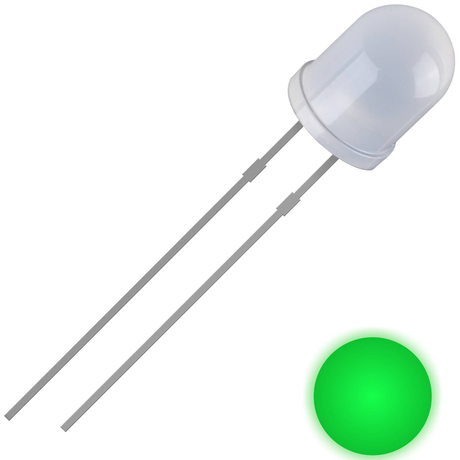Et grønt LED-lys lyser, vist med to metalforbindelser. Det symboliserer ofte elektriske kredsløb eller signalindikationer.