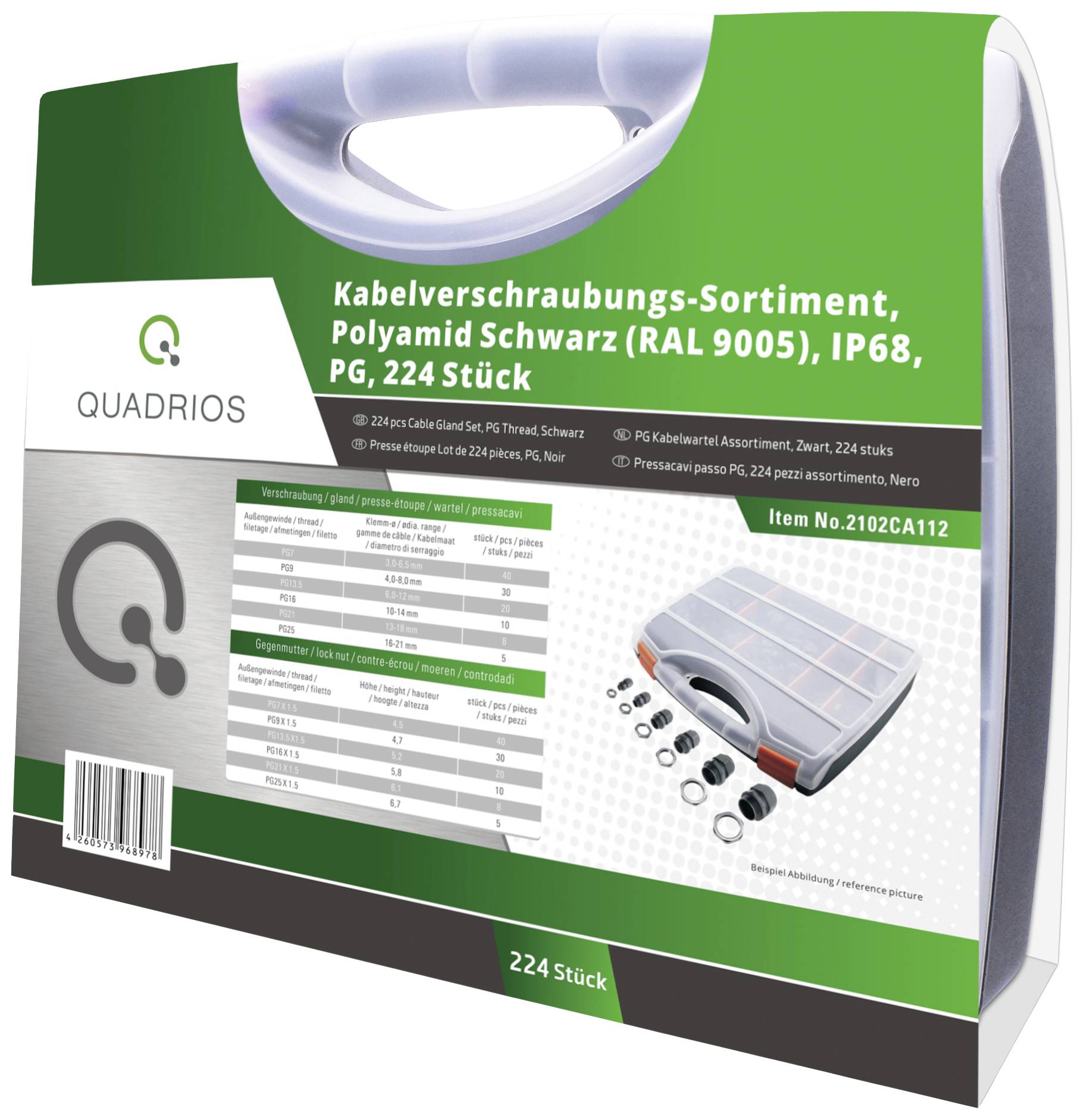 Kabelforskruningssortiment, polyamid sort, IP68, PG, 224 styk.