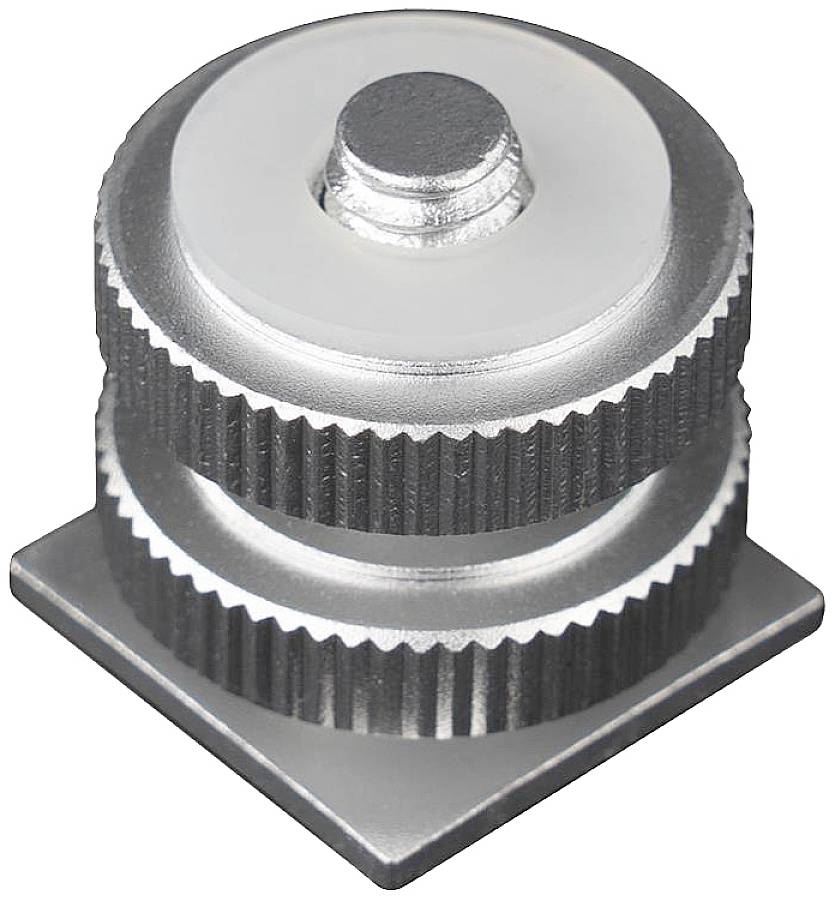 En sølvfarvet, cylindrisk adapter med riflet kant og firkantet base, sandsynligvis til fotografisk udstyr.