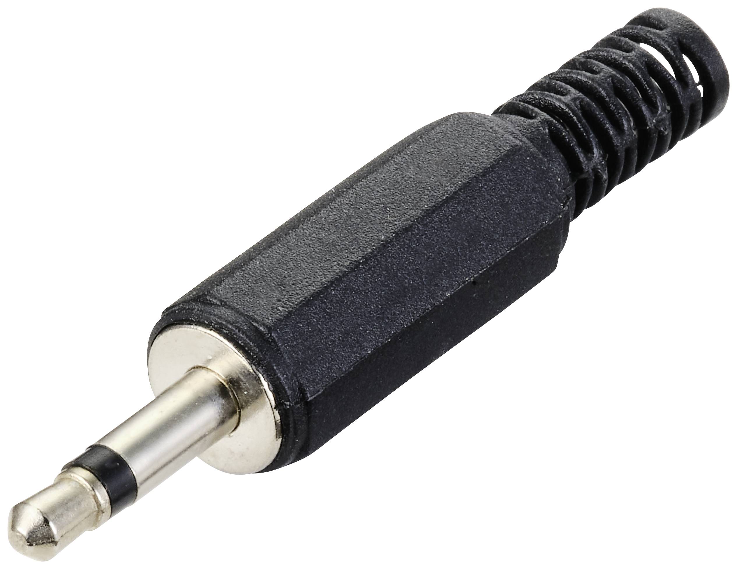 Sort 3,5 mm-lydstik med metalspids og plastgreb på hvid baggrund. Egnet til hovedtelefoner eller højttalere.