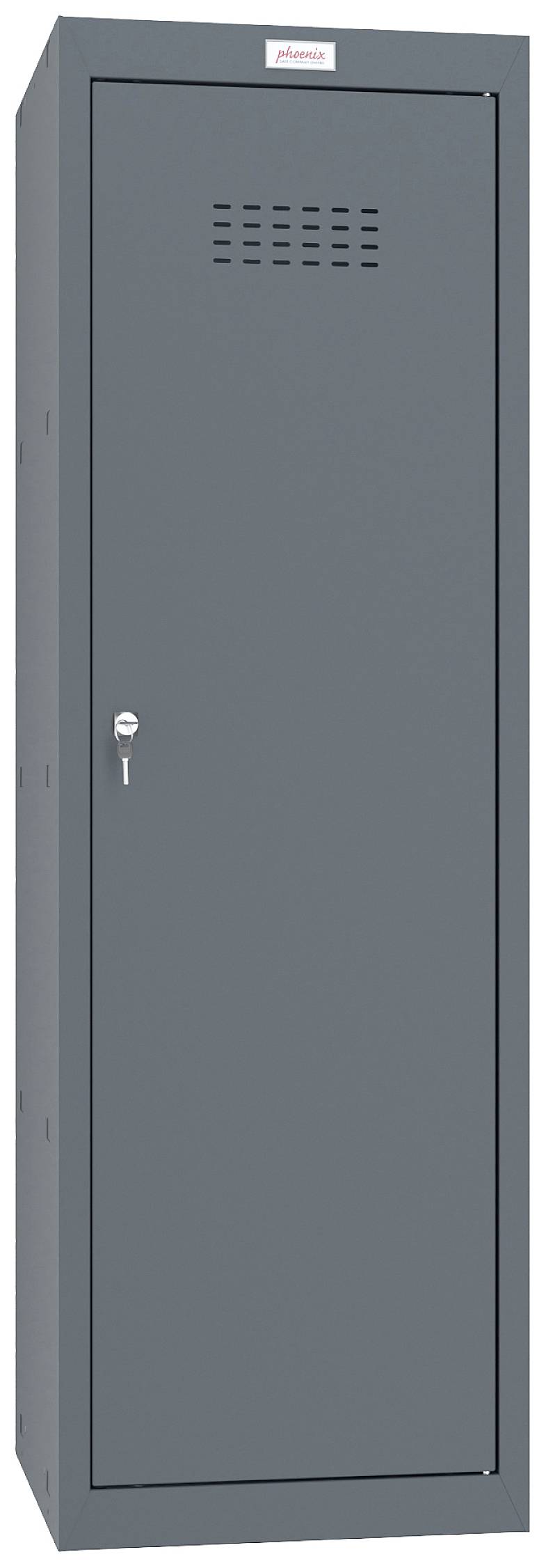 Metalboks med grå dør, ventilationssprækker øverst og en lås i midten. Enkelt design, velegnet til opbevaring.