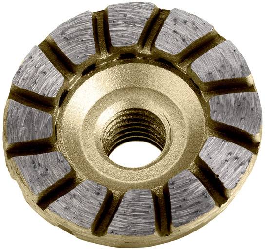 Rund metalslibeskive med gevinderet centerhul og segmenteret slibemiddel på yderkanten, vist på hvid baggrund.
