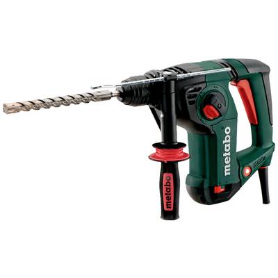 En grøn Metabo borehammer med sorte og røde accenter, inklusive sidefatning og spiralbor, ser robust ud.