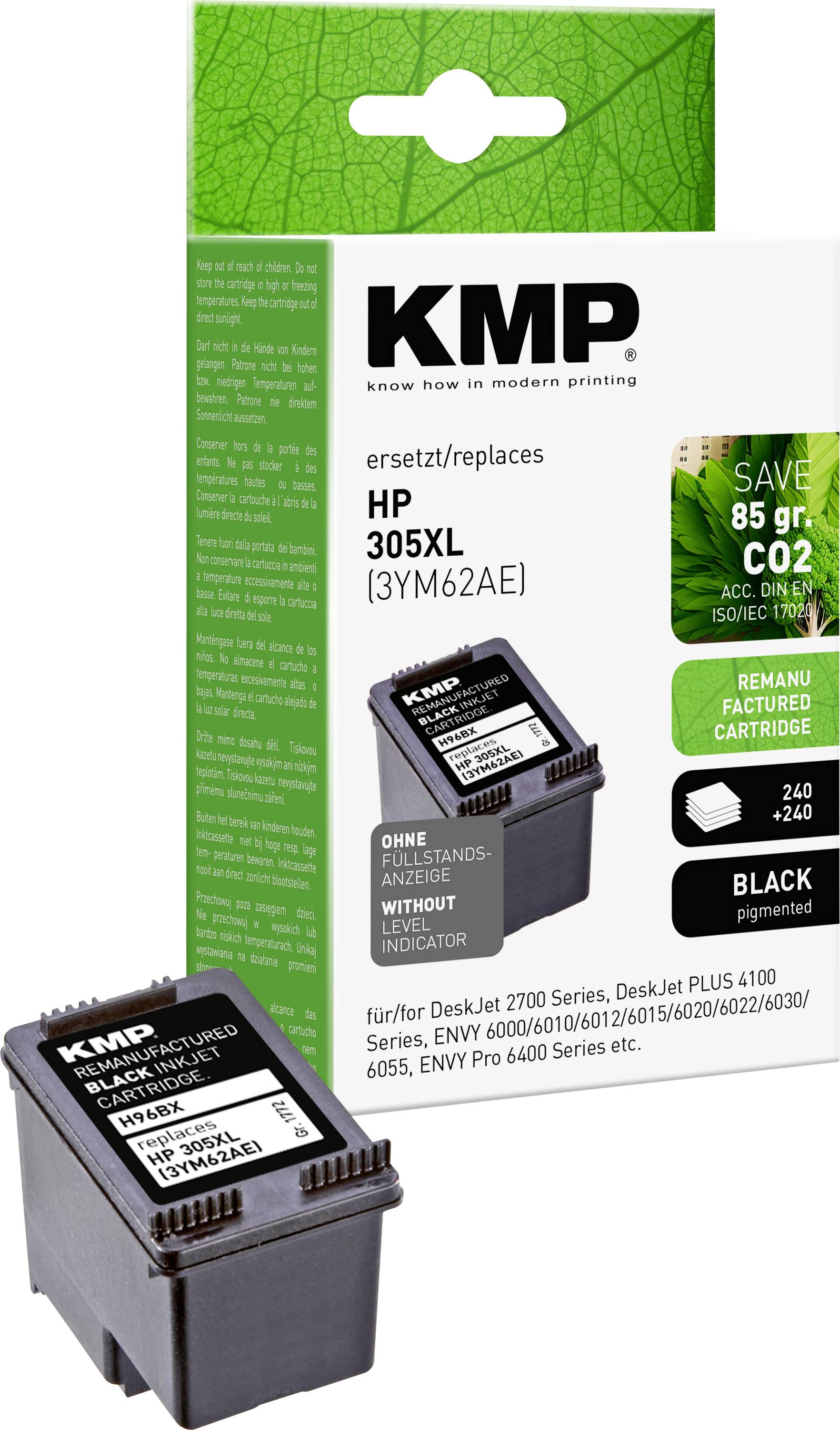 'KMP HP 305XL' sort blækpatron, med produktoplysninger, fremhæver 'Spar 85g CO2', egnet til HP-printere, herunder DeskJet-serien.