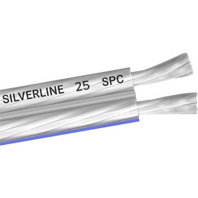 Sølvfarvet lydkabel mærket 'SILVERLINE 25 SPC', bestående af to sammenvundne ledere.