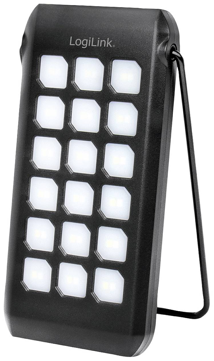 LED-lampe med 15 lysende LED'er i rektangulær formation, sort kabinet, foldbar stander til nem placering.
