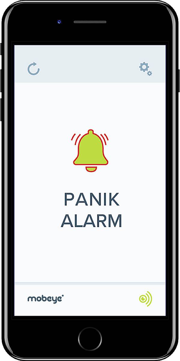 En smartphone-skærm viser en app med et rødt klokkeikon og teksten 'PANIK ALARM'.