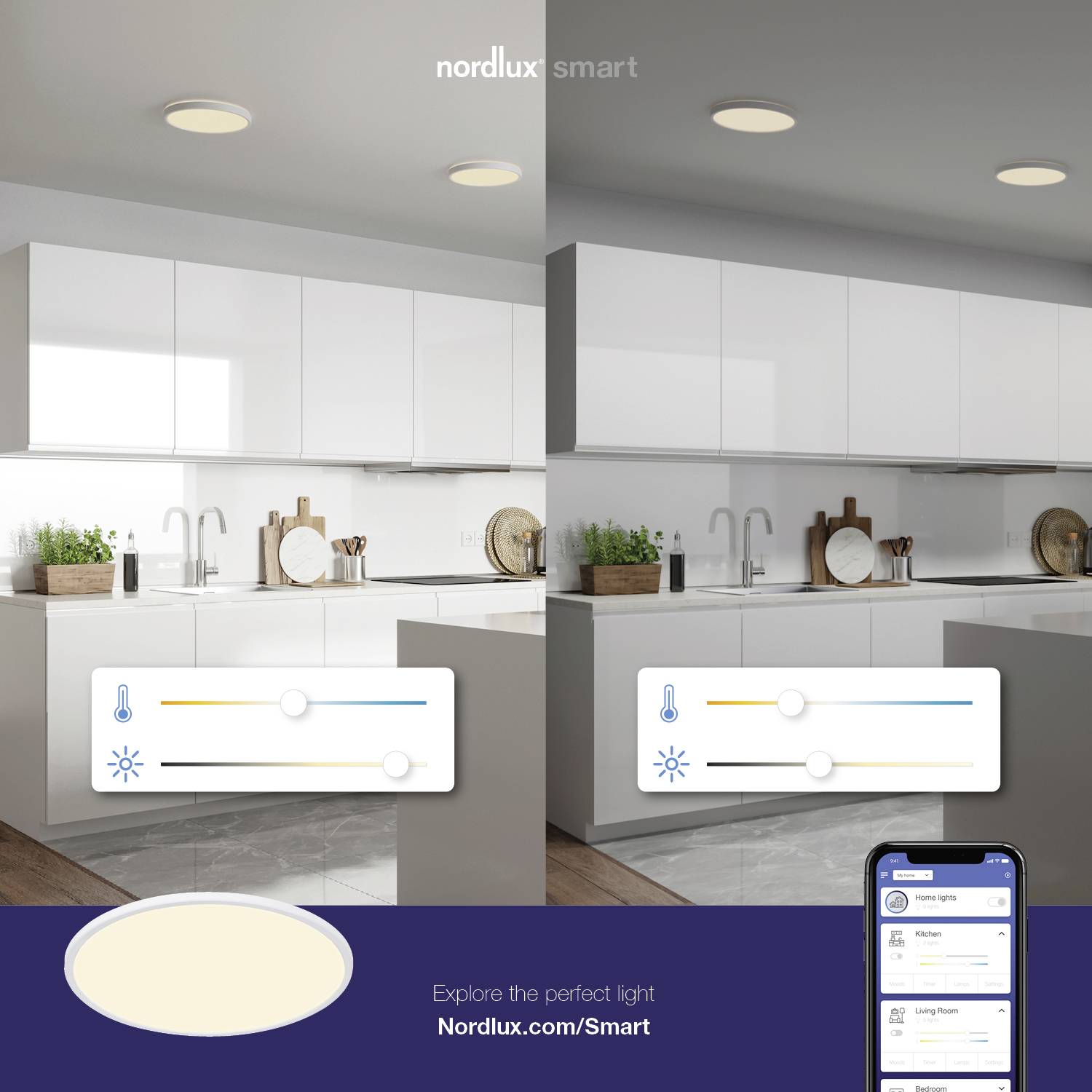'Nordlux Smart'-reklamen viser et moderne køkken med lysindstillinger for farvetemperatur og lysstyrke. Flere detaljer på Nordlux.com/Smart.