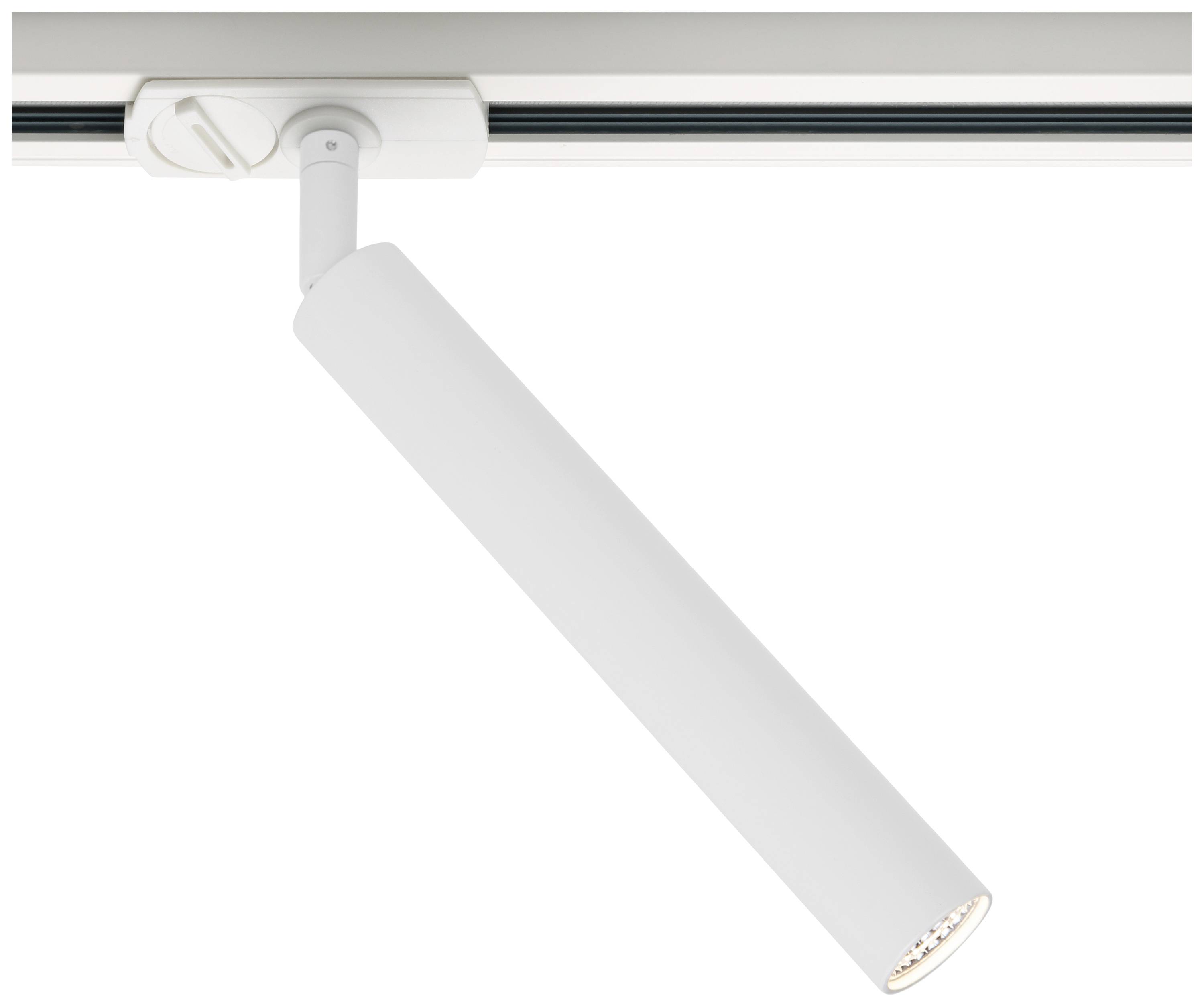 En lang, hvid loftslampe monteret på en skinne, der lyser nedad. Ideel til fokuseret belysning i moderne rum.