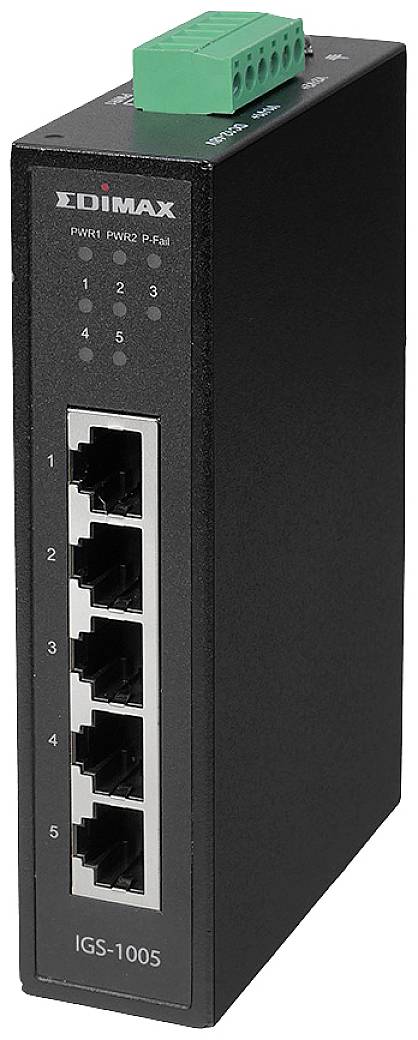 En sort, rektangulær netværksswitch fra Edimax med fem Ethernet-porte og en grøn kontrollampe øverst.