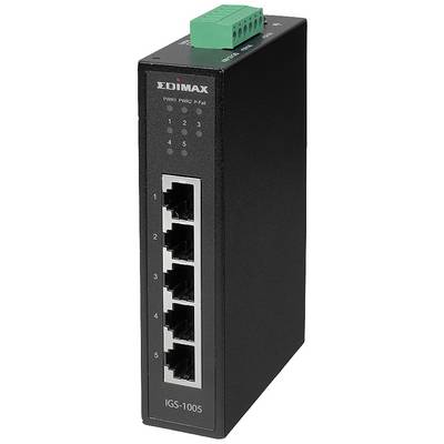 En sort, rektangulær netværksswitch fra Edimax med fem Ethernet-porte og en grøn kontrollampe øverst.
