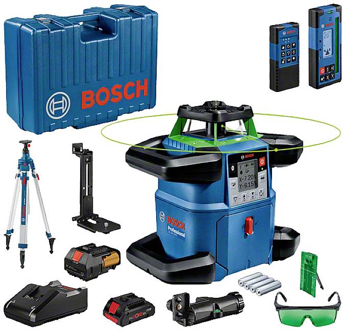 Bosch rotationslaser-sæt med stativ, ladestation, batteri, lasermodtager, briller og kuffert. Perfekt til præcise bygningsopmålinger.
