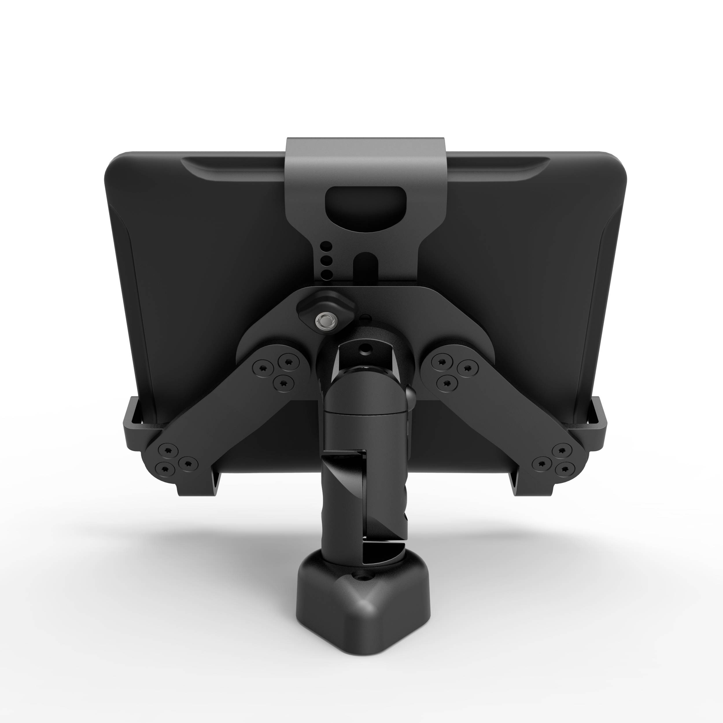 En sort tablet-holder med justerbar beslag, monteret på et bord, til stabil fastgørelse og behagelig visning.