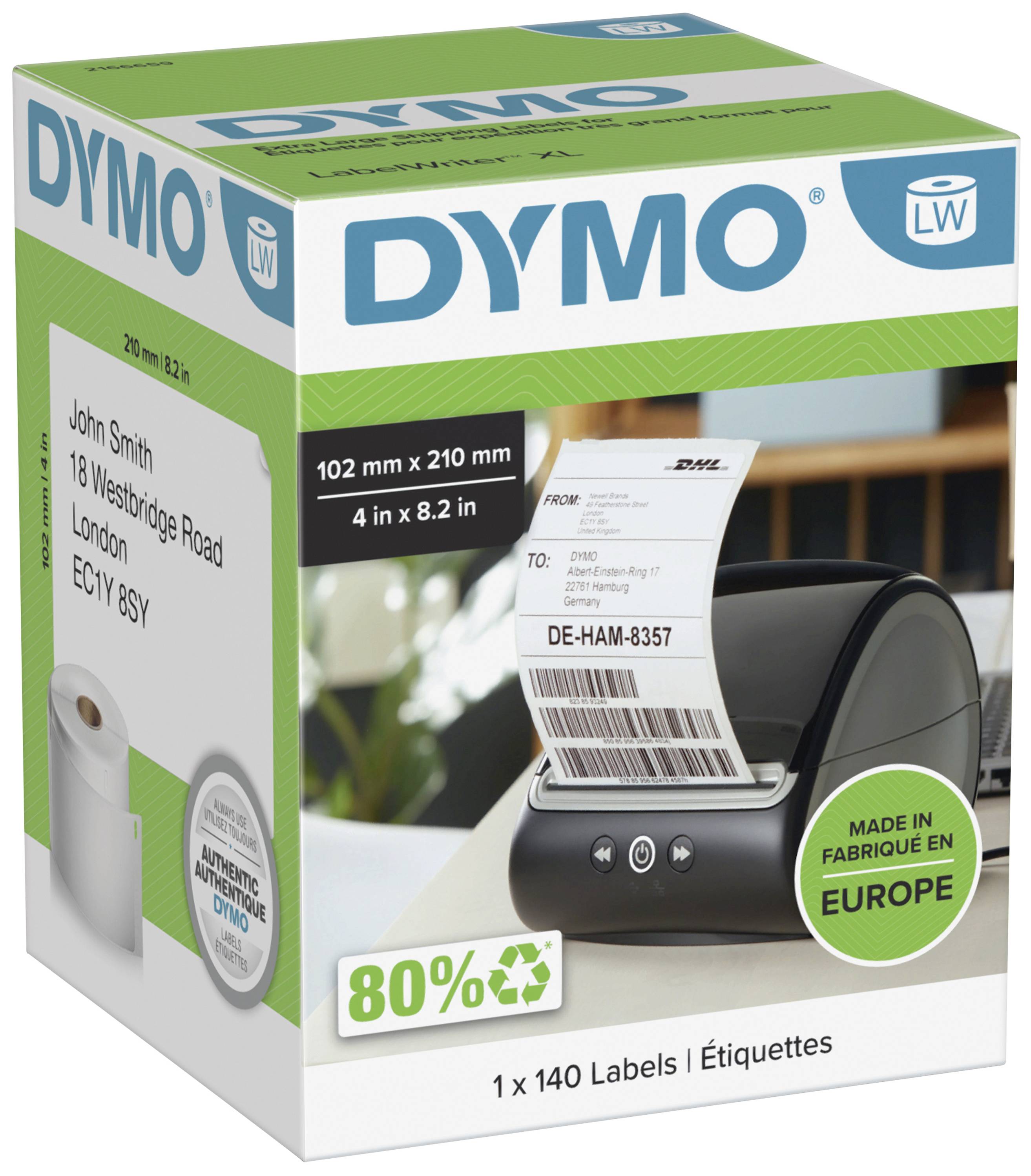 En pakning til DYMO-etiketter; viser en printer med et etiket, der indeholder en adresse og en stregkode; indeholder 140 etiketter.
