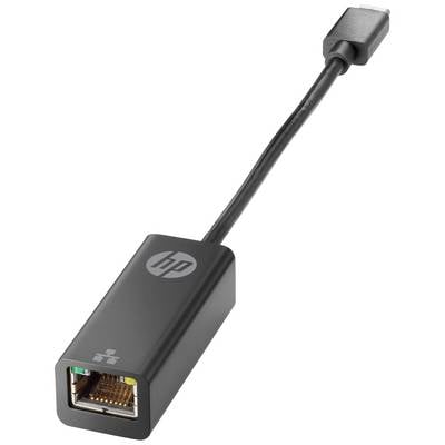 'En sort HP netværkskabeladapter fra USB til Ethernet, viser varemærkelogo og tilslutningsområder i begge ender.'