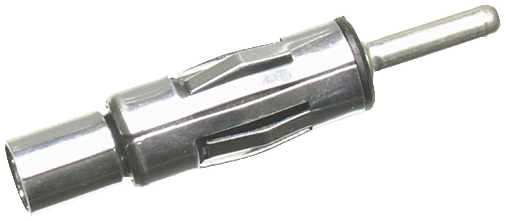 En sølvfarvet antennestik til bilradioer.