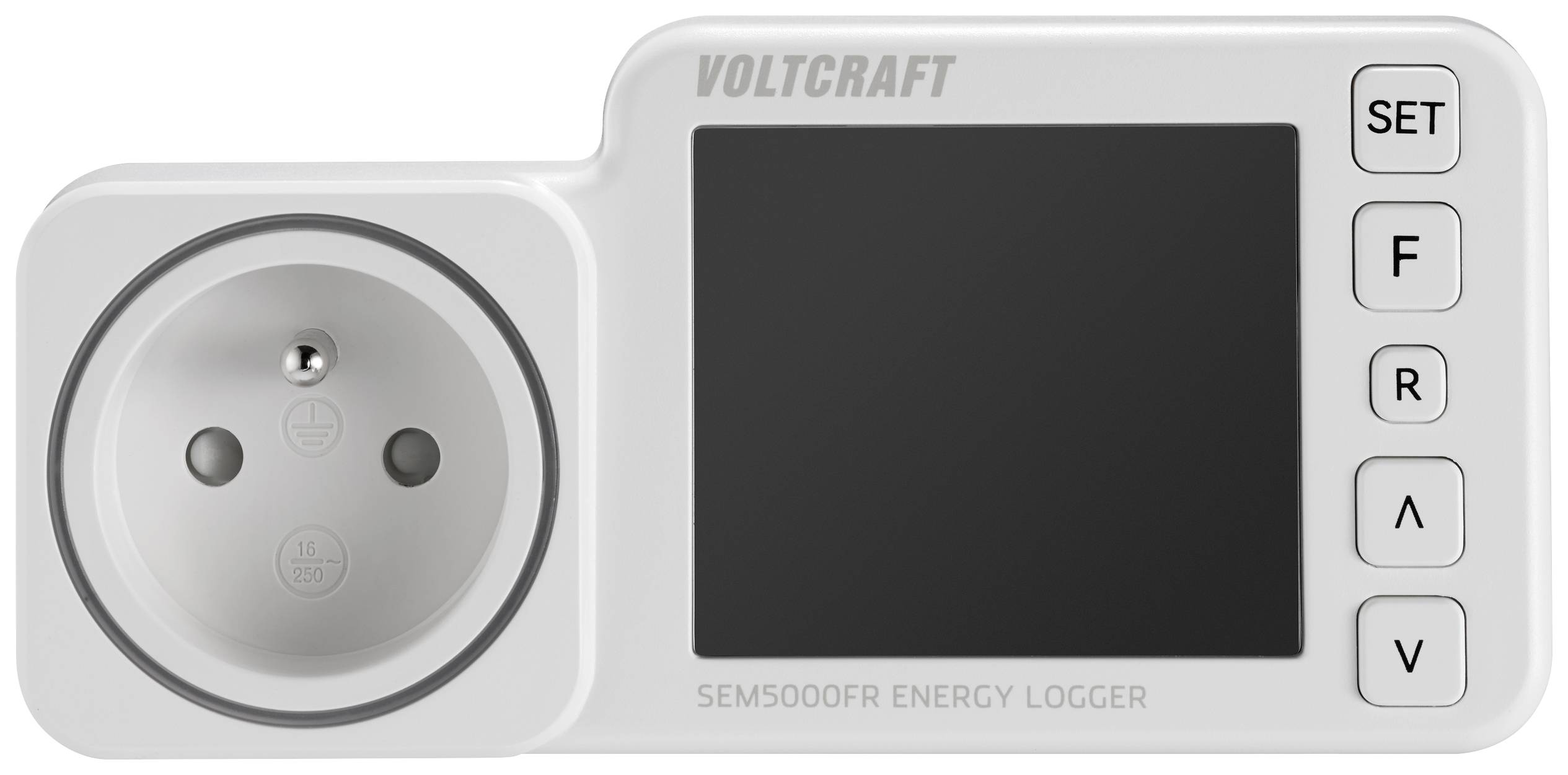 Voltcraft SEM5000FR Energilogger stikkontakt og skærm; Knapper til indstillinger og navigation på højre side.