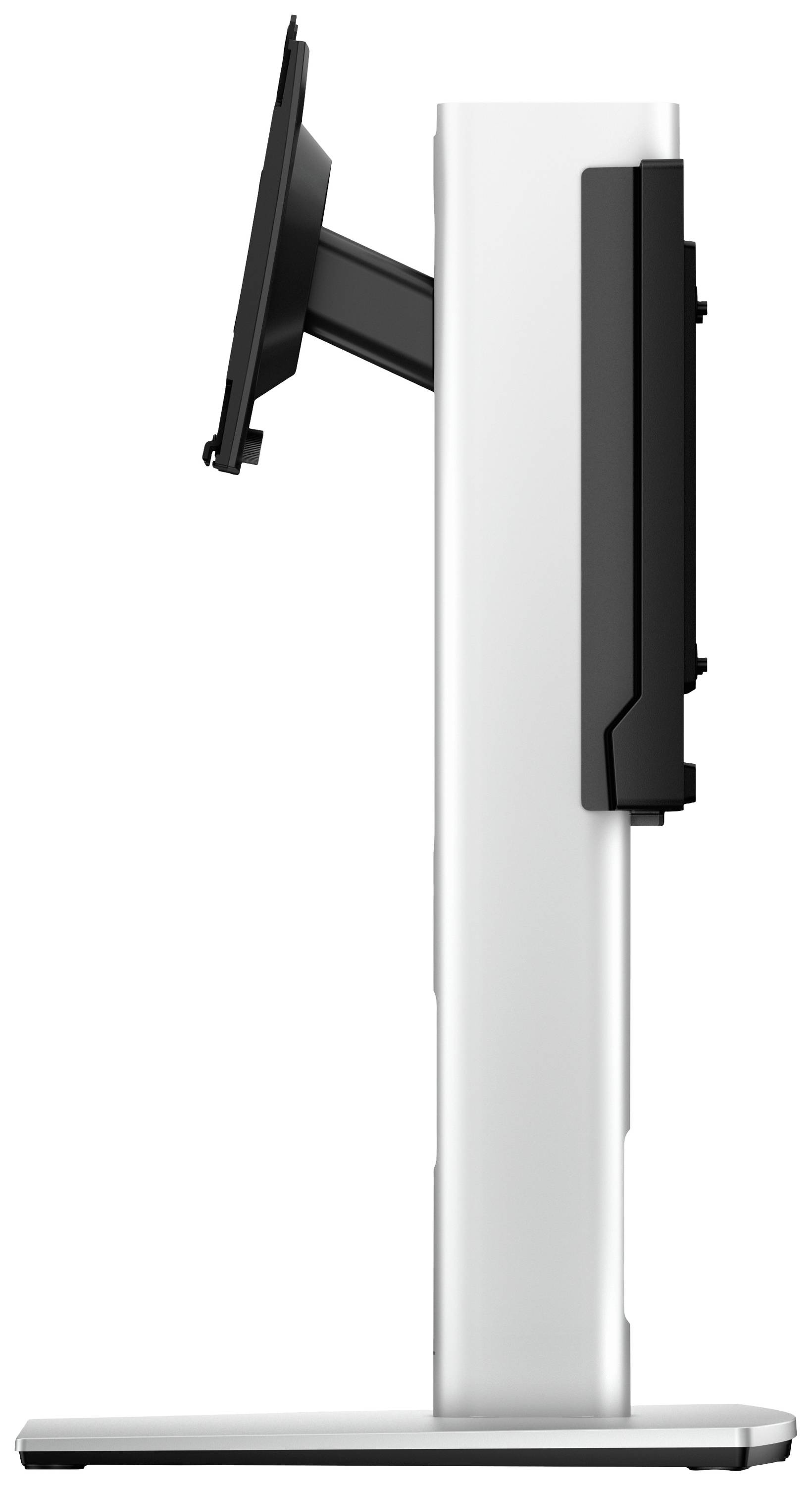 Sidevisning af en hvid monitorstandard med en sort monteringsarm, der er vinklet fremad.