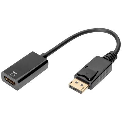 Et sort kabel med et DisplayPort-stik i den ene ende og et HDMI-stik i den anden ende, som bruges til at forbinde skærme.
