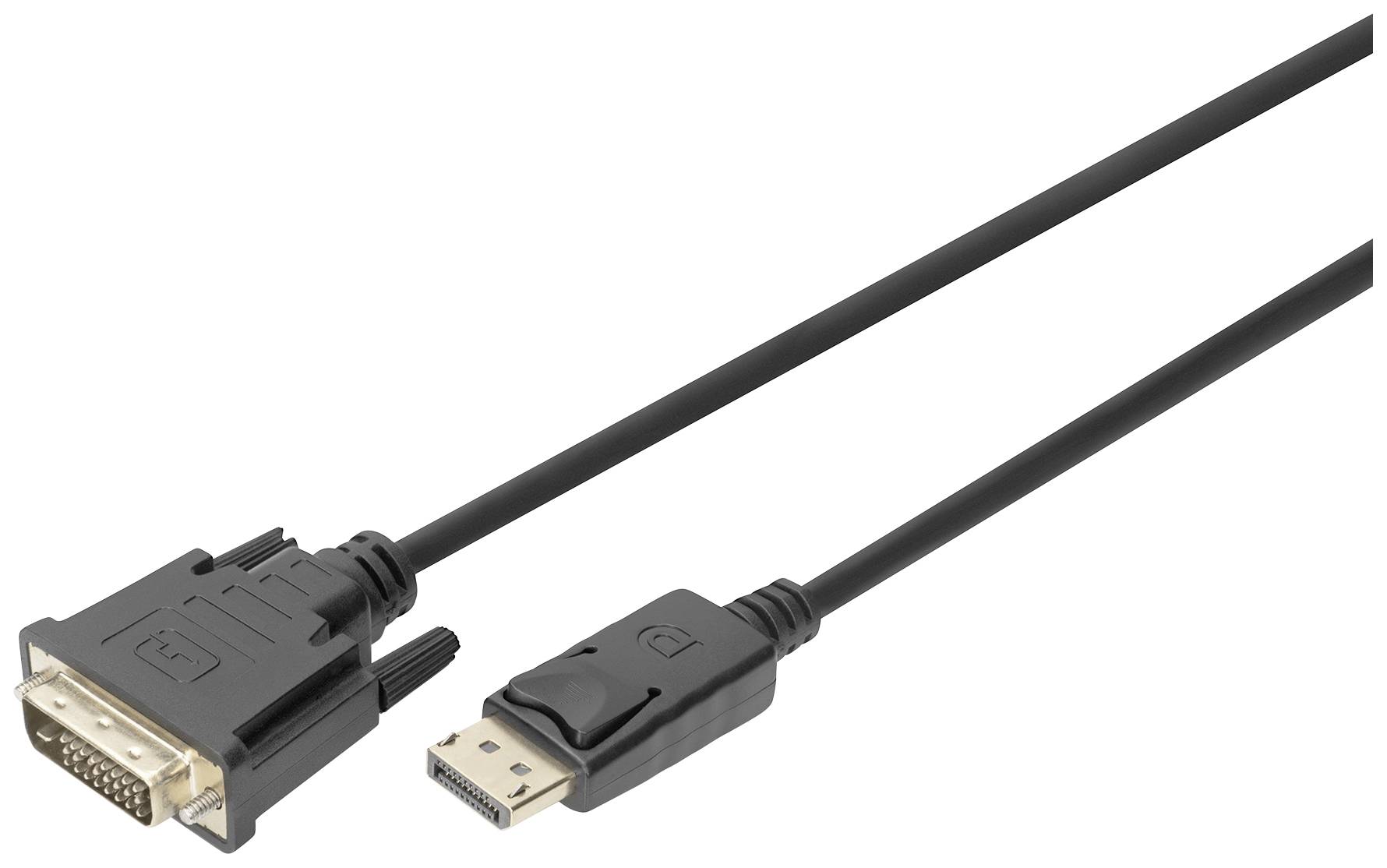 DVI-til-DisplayPort-kabel, sort, med stik i begge ender. Bruges til at forbinde computere og skærme.