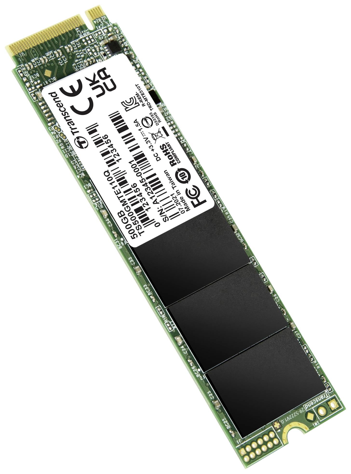Et M.2 SSD, en slank, aflang datalagringsmedie med synlige chips og et hvidt mærkat med tekniske specifikationer.