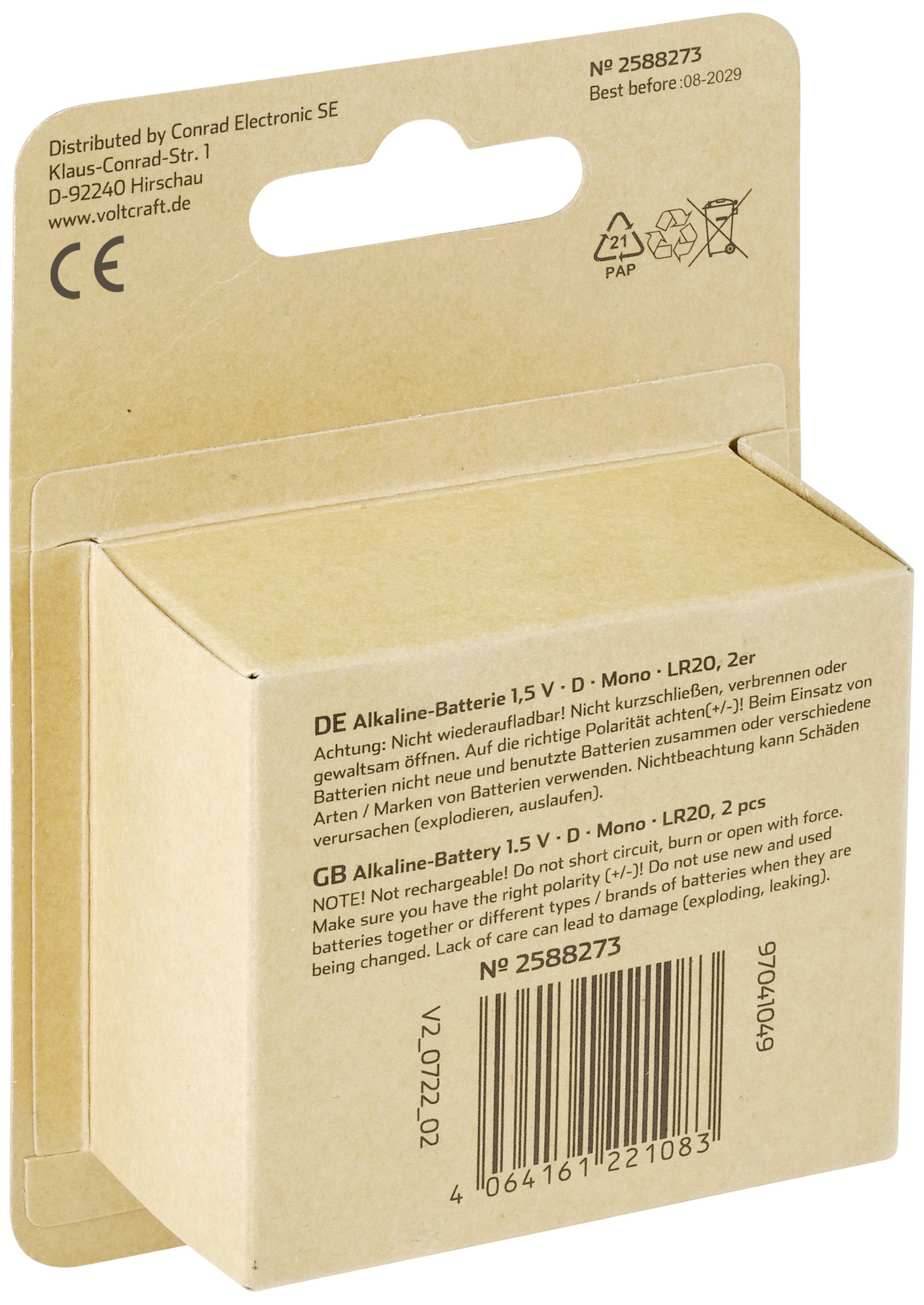Emballage til et D-mono-alkalisk batteri med oplysninger om producent, modelnummer og advarsler på flere sprog.
