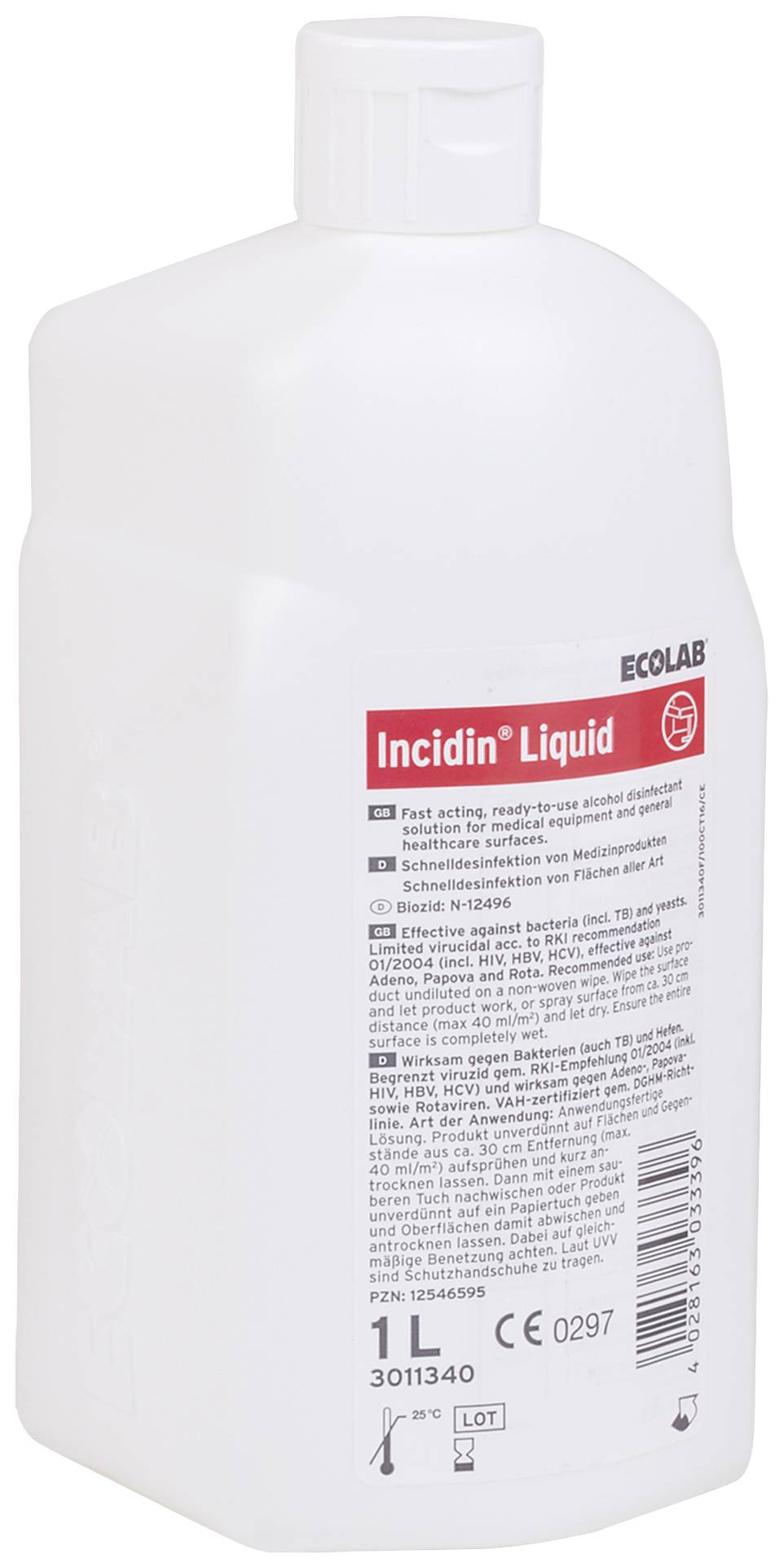 En hvid plastikflaske med rødt etiket, mærket 'Incidin Liquid'. Indeholder desinfektionsmiddel, 1 liter, til overfladedesinfektion.