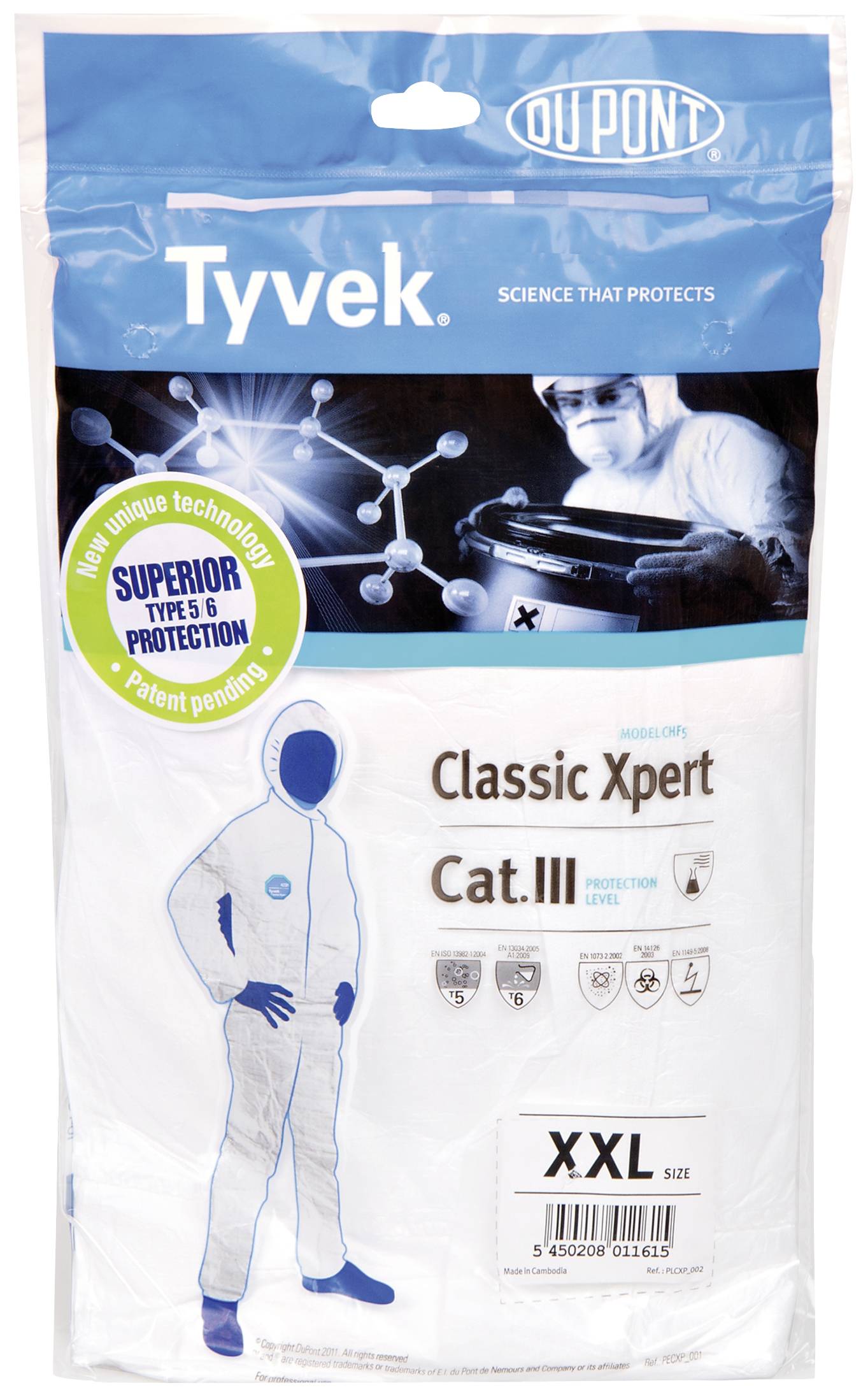 Emballage til en DuPont Tyvek beskyttelsesdragt, størrelse XXL. Billede af en person i dragten med logoer for beskyttelseskategori III og type 5/6.