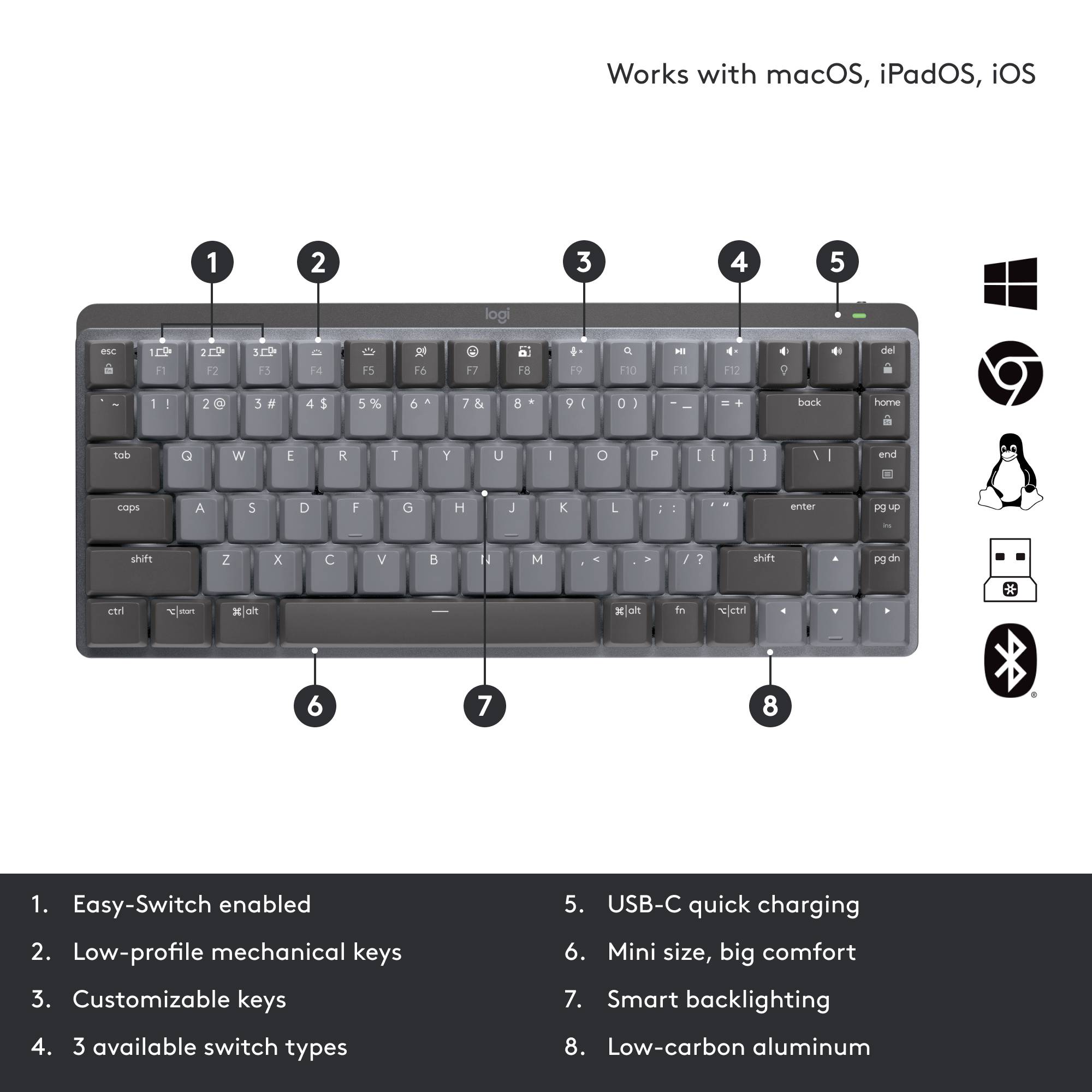 Trådløst tastatur med Easy-Switch, flade tilpasselige taster, aluminiumskabinet. Kompatibel med macOS, iPadOS, iOS, USB-C-opladning.