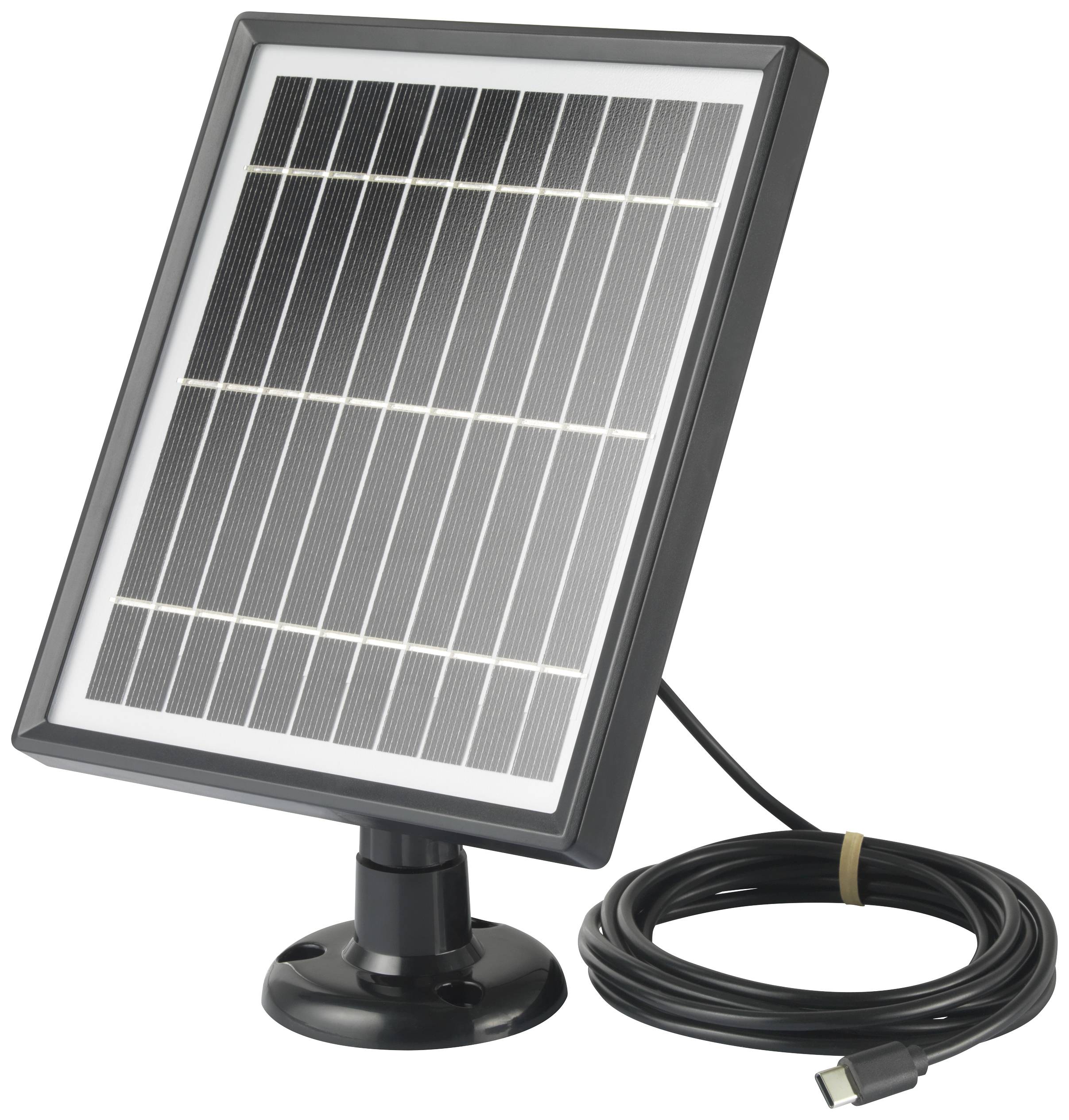 Et solarpanel med et tilsluttet kabel på et stativ, bruges til strømforsyning af små enheder eller systemer.
