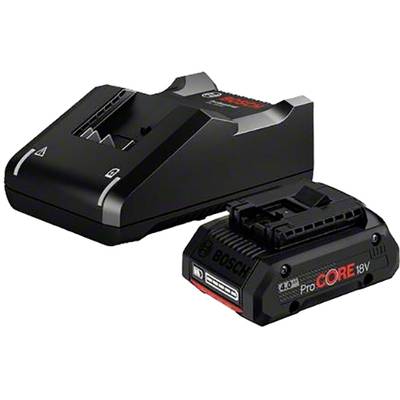 Oplader og 18V-batteripakke fra Bosch, produktnavn 'ProCORE'.