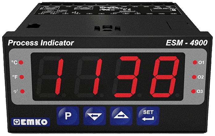 Digital procesvisning 'EMKO ESM-4900' viser tallet '1138'. Enhed med taster til 'P', 'piletaster' og 'indstilling'.