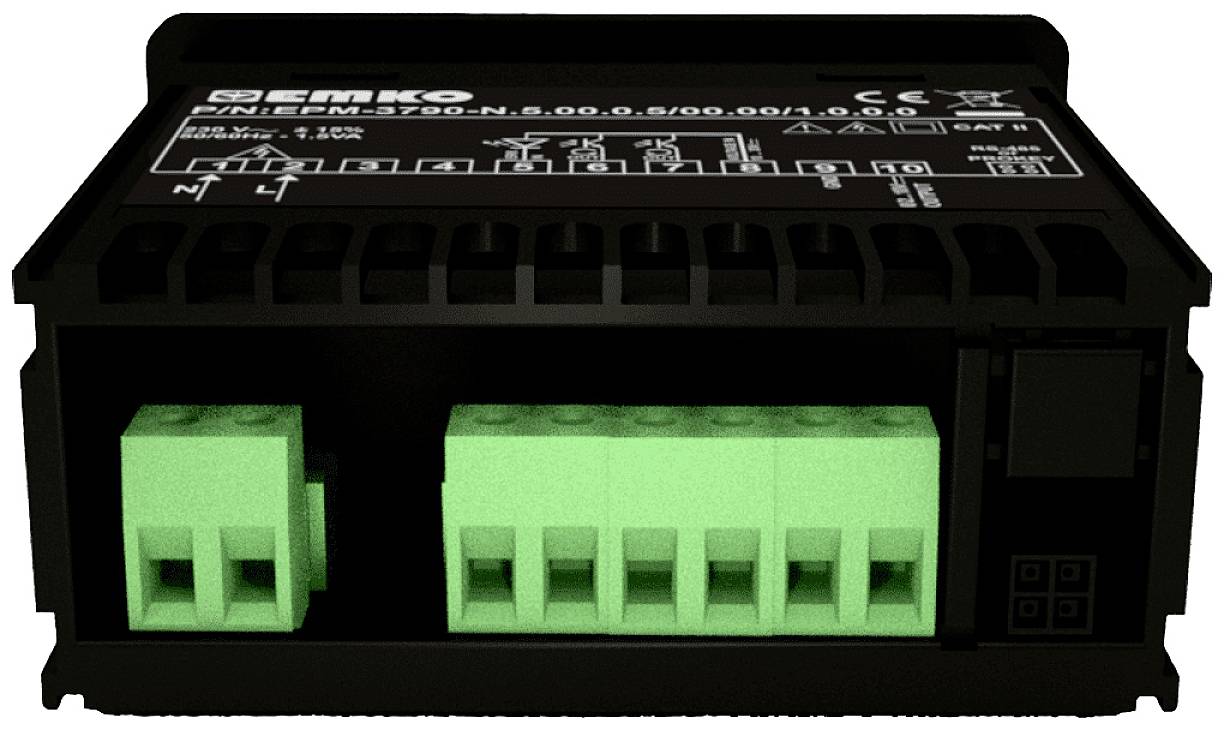 En sort elektronisk enhed med grønne stik og tekniske specifikationer trykt på overfladen.