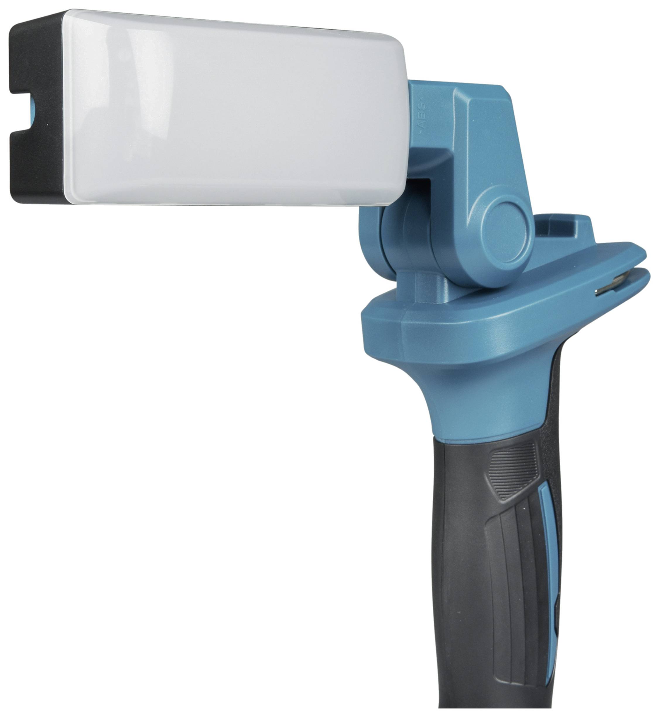 En blå, bærbar arbejdslampe med et hvidt rektangulært lyshoved, monteret på et fleksibelt håndtag.