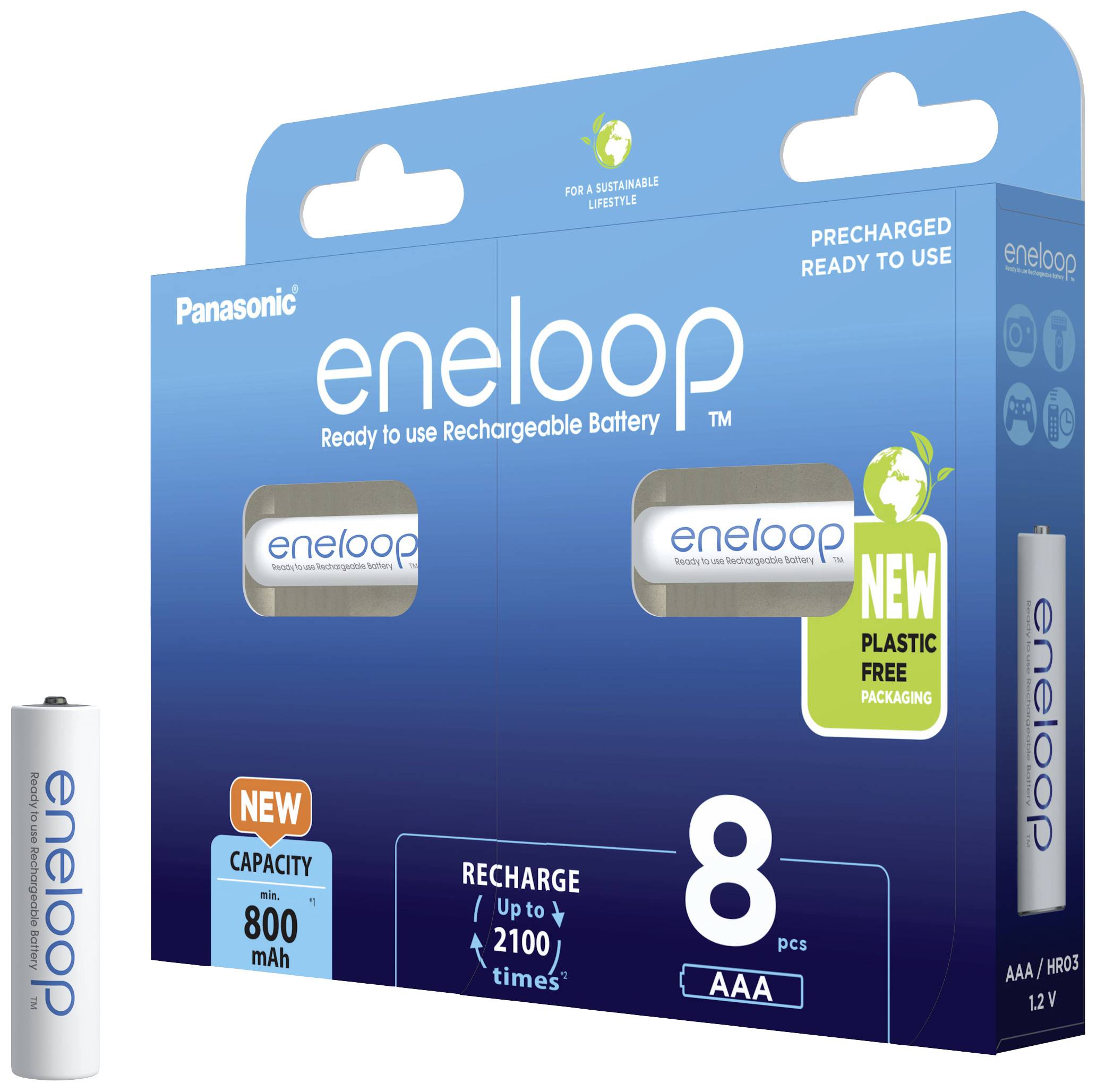 Eneloop AAA genopladelige batterier, 8-pakke, forudladet, kapacitet 800 mAh, op til 2100 opladningscyklusser, plastfri emballage.