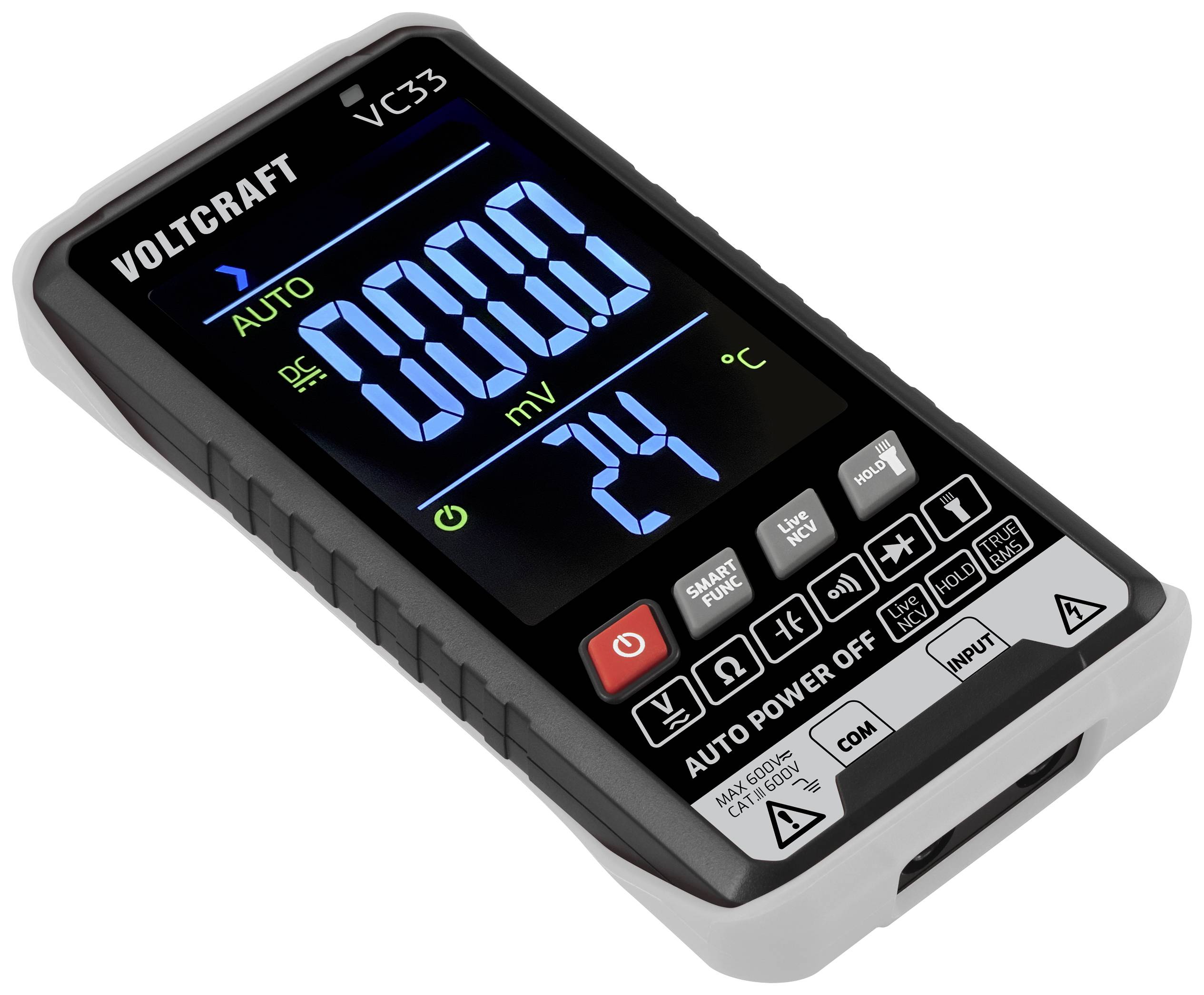 Digitalt multimeter med stort display viser måleværdier i mV og °C. Venstre side har "VOLTCRAFT" logoet, højre side har betjeningsknapper.